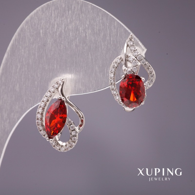 Xuping Asymmetric Earrings with Red Stone, 18x11mm, Rhodium