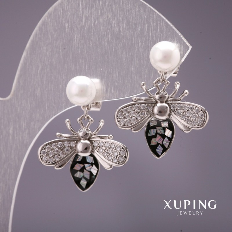 Xuping Bee Stud Earrings with Majorca Pearls, White, 22x18mm, Rhodium