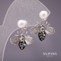 Xuping Bee Stud Earrings with Majorca Pearls, White, 22x18mm, Rhodium