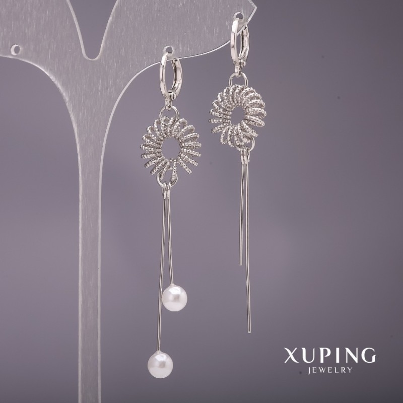 Xuping Long Asymmetric Earrings with Majorca Pearls, White, 15x70mm, Rhodium