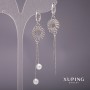 Xuping Long Asymmetric Earrings with Majorca Pearls, White, 15x70mm, Rhodium