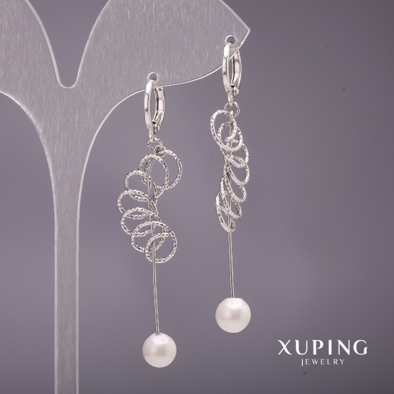 Xuping Long Earrings with Majorca Pearls, White, 58x7mm, Rhodium