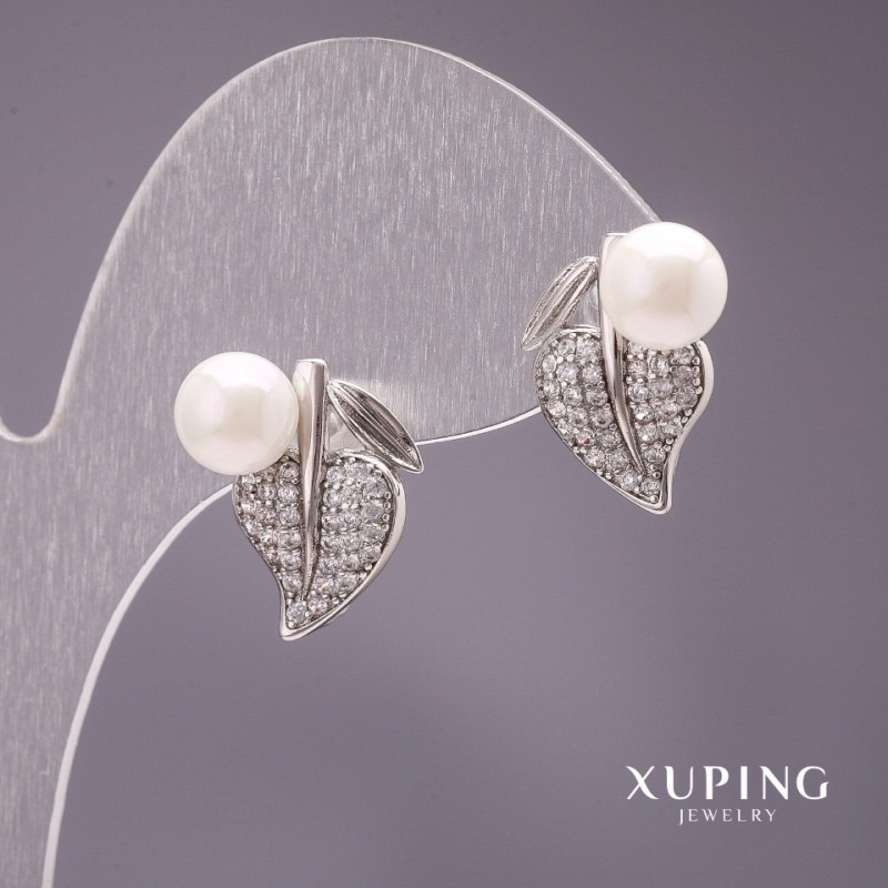 Xuping Leaf Earrings with Majorca Pearls, White, 17x13mm, Rhodium