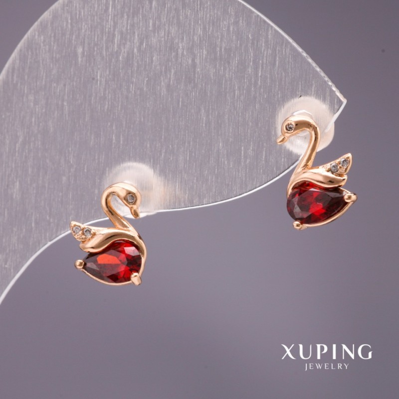Xuping Stud Earrings Swans with Stone, Red, 10x7mm, 18K Gold Plated