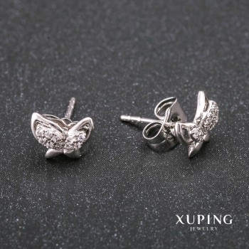 Xuping Stud Earrings Butterflies with Rhinestones, White, 9x7mm, Rhodium