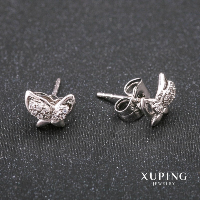 Xuping Stud Earrings Butterflies with Rhinestones, White, 9x7mm, Rhodium