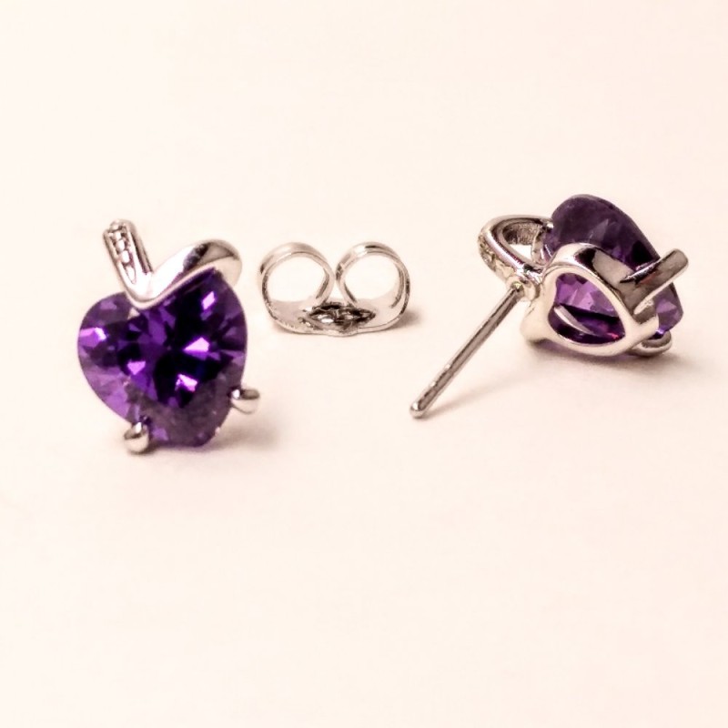 Xuping Stud Earrings Heart with Stone Purple Color, 11x9mm Diameter Rhodium