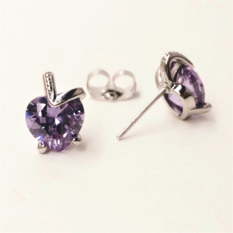 Xuping Stud Earrings Heart with Stone Light Lilac Color, 11x9mm Diameter Rhodium