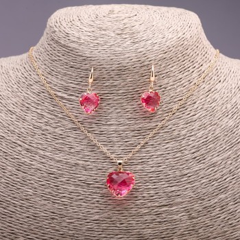 "Heart" Set multicolor raspberry pink, Pendant 19x16mm and Earrings 27x13mm, 50cm length