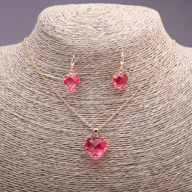 "Heart" Set multicolor raspberry pink, Pendant 19x16mm and Earrings 27x13mm, 50cm length