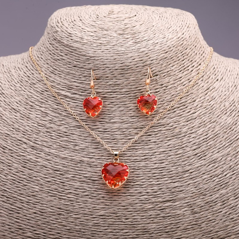 "Heart" Set multicolor red yellow, Pendant 19x16mm and Earrings 27x13mm, 50cm length
