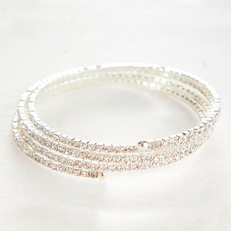 Thin Spiral Bracelet, Three Coils, Small White Rhinestones, 18-22cm Circumference