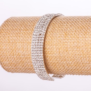 Rhinestone Bracelet, Cuff, Five-Row, White Rhinestones, White Metal