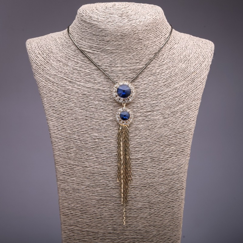 Pendant with Blue Crystals on Long Chain, "Black Gold" Metal, 24x140mm, Chain 75-80cm