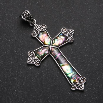 Cross Pendant with Abalone in Setting, 66x43mm
