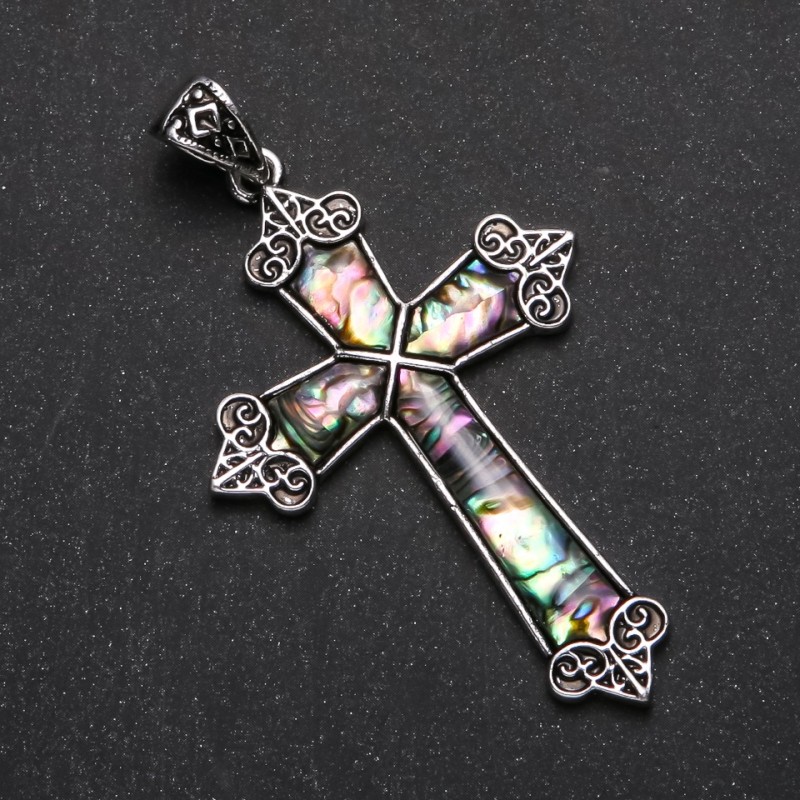 Cross Pendant with Abalone in Setting, 66x43mm