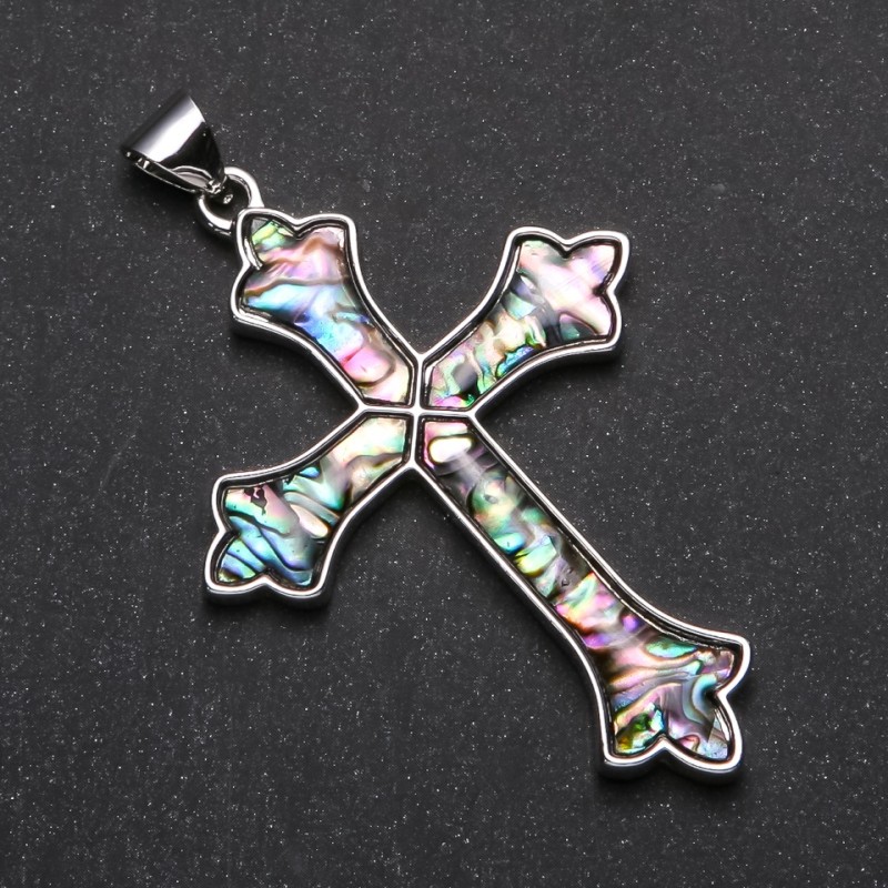 Cross Pendant with Abalone in Setting, 68x47mm
