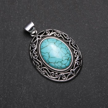 Pendant with Natural Turquoise Stone in Antique-Style Setting, 33x40x52mm