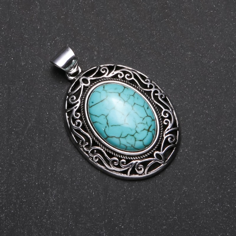 Pendant with Natural Turquoise Stone in Antique-Style Setting, 33x40x52mm