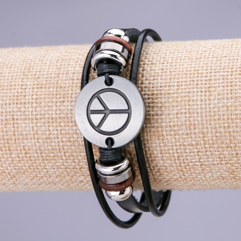 World Bracelet, Length 21cm, Thickness 15mm, Black Eco-Leather