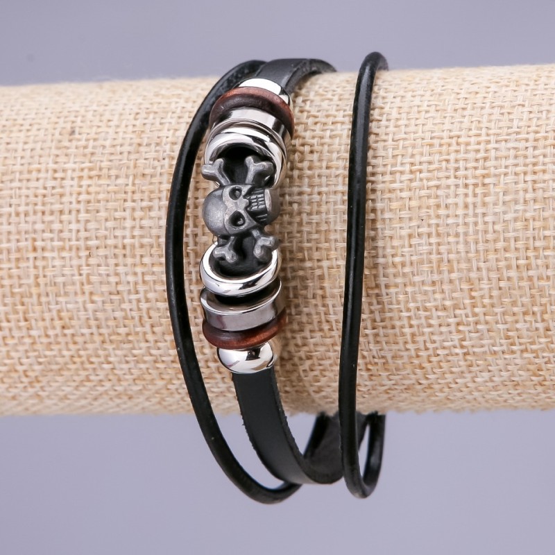 Skull Bracelet, Length 21cm, Width 15mm, Black Eco-Leather