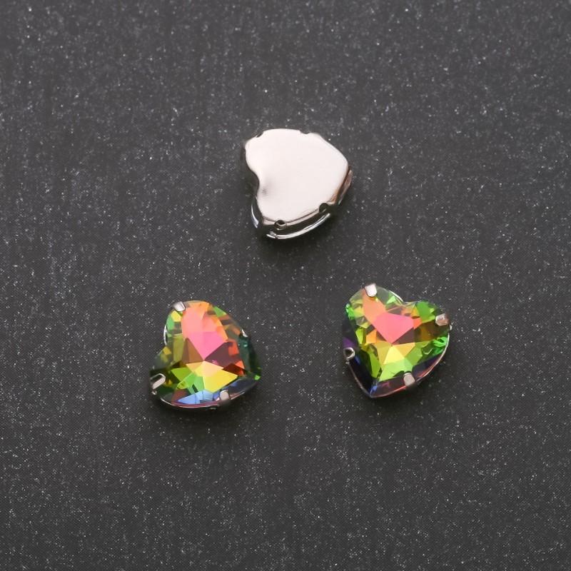 Price per Pack/10pcs. Sew-On Crystal in Prong Setting Heart 12mm Pink-Green