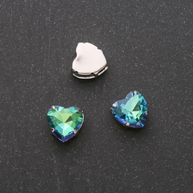Price per Pack/10pcs. Sew-On Crystal in Prong Setting Heart 10mm Green-Blue
