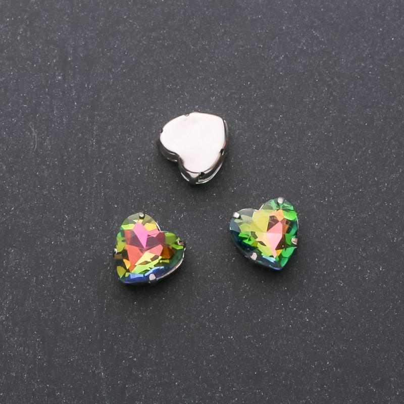 Price per Pack /10pcs. Sew-On Crystal in Setting, Heart 10mm Pink-Green