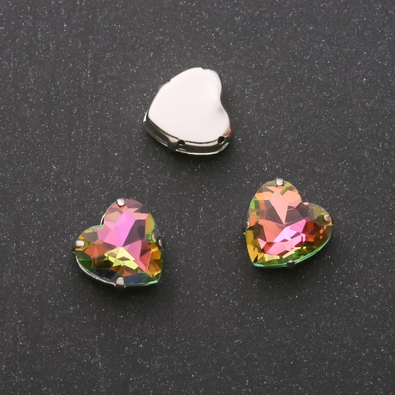 Price per Pack/10pcs. Sew-On Crystal in Prong Setting Heart 14mm Green-Raspberry