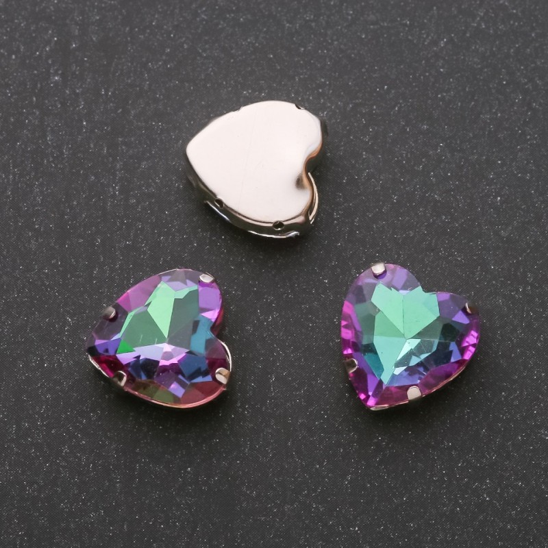Price per Pack /10pcs. Sew-On Crystal in Setting, Heart 14mm Green-Raspberry