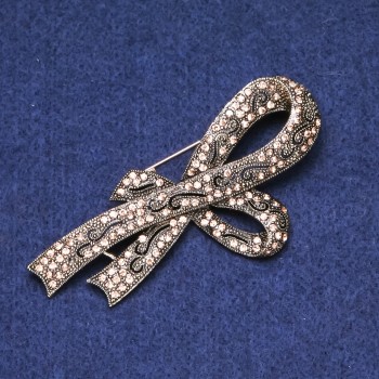 Clearance! Bow Brooch with Gold-Tone Rhinestones, Gold-Tone Metal, 39x80mm