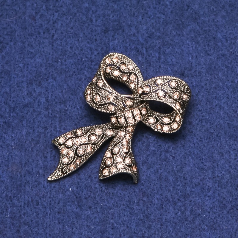 Clearance! Bow Brooch with Rhinestones, Gold-Tone Metal, 35x53mm