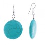 Drop Earrings with Round Coin-Shaped Turquoise Cabochons, Veined, 53x28mm