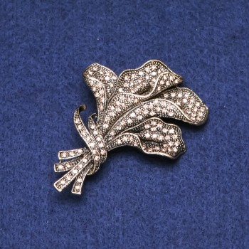 Clearance! Flower Brooch with Rhinestones, Gold-Tone Metal, 46x64mm