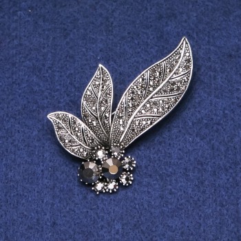 Clearance! Leaves Brooch with Rhinestones, Gray Metal, 60mm
