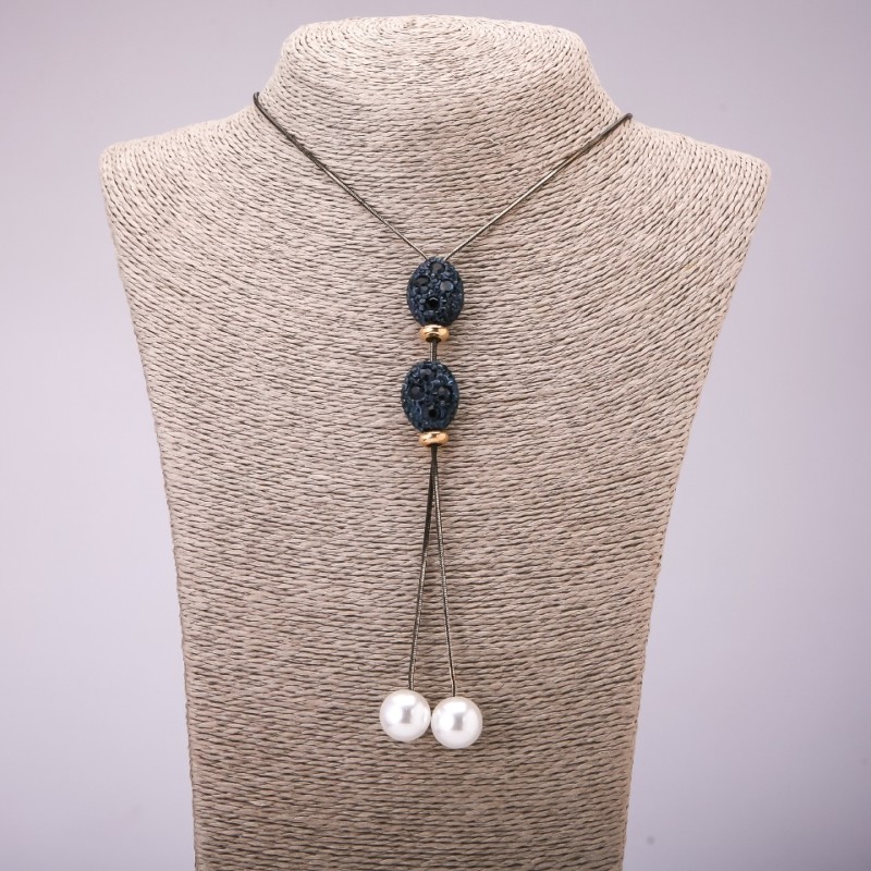 Tie Pendant with Blue Rhinestones on Long Chain, "Black Gold" Metal, Diameter 16x48mm, Length 70cm