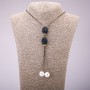 Tie Pendant with Blue Rhinestones on Long Chain, "Black Gold" Metal, Diameter 16x48mm, Length 70cm