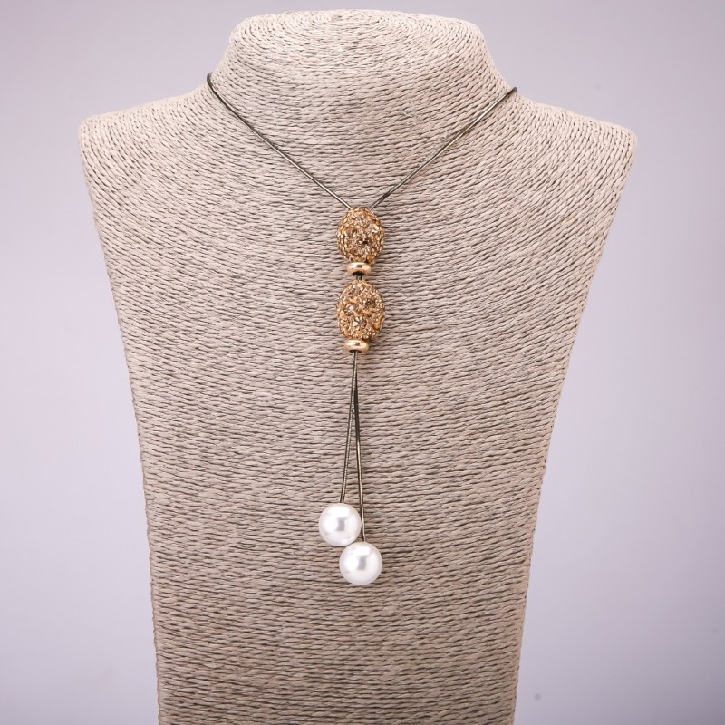 Tie Pendant with Yellow Rhinestones on Long Chain, Black Gold Metal, Diameter 16x48mm, Length 70cm