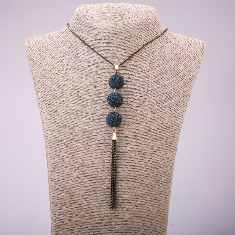 "Trio" Pendant with Blue Rhinestones on Long Chain, "Black Gold" Metal, Diameter 16x155mm, Length 70cm