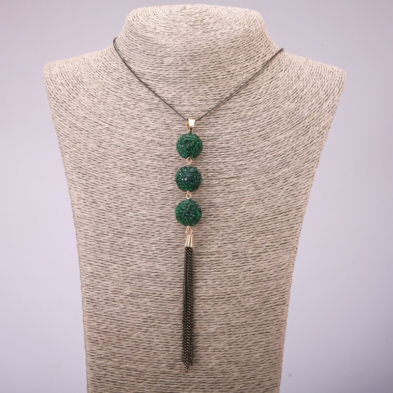"Trio" Pendant with Green Rhinestones on Long Chain, "Black Gold" Metal, Diameter 16x155mm, Length 70cm