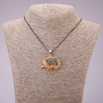 "Hedgehog" Pendant with Black Rhinestones on Long Chain, "Black Gold" Metal, Diameter 30x39mm, Length 70cm