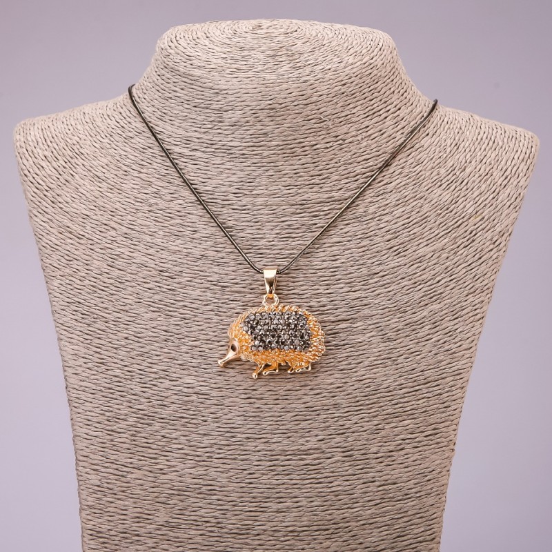 "Hedgehog" Pendant with Black Rhinestones on Long Chain, "Black Gold" Metal, Diameter 30x39mm, Length 70cm