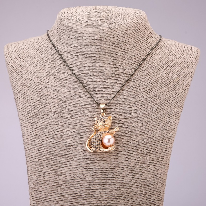 "Kitty" Pendant with Black Rhinestones on Long Chain, "Black Gold" Metal, Diameter 30x39mm, Length 70cm