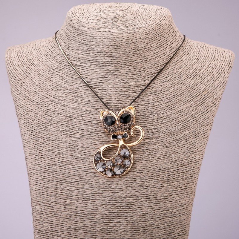 "Cat" Pendant with Gray Crystals on Long Chain, "Black Gold" Metal, Diameter 44x55mm, Length 70cm