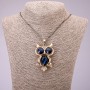 "Owl" Pendant with Blue Crystals on Long Chain, "Black Gold" Metal, Diameter 41x62mm, Length 70cm