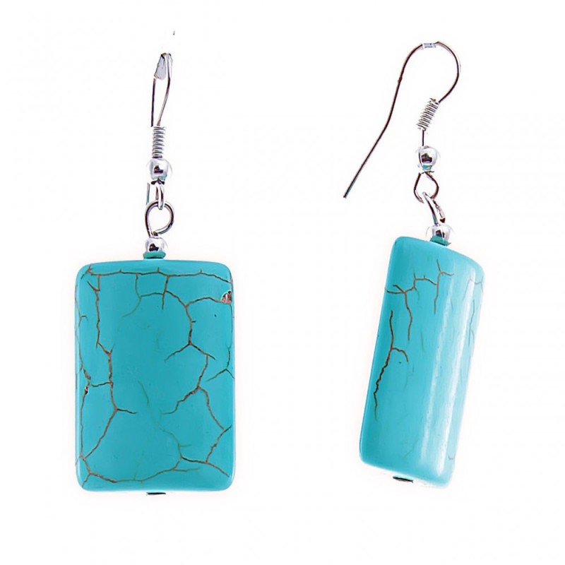 Dangle Earrings with Rectangular Smooth Cabochons in "Turquoise" with Veining, 45x25mm