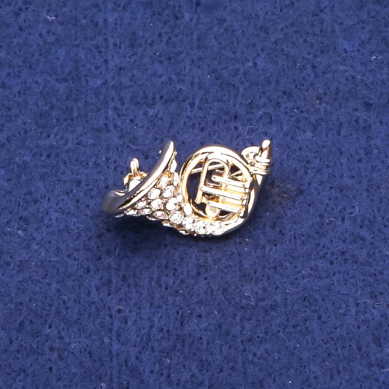 French Horn Brooch with Rhinestones, Gold-Tone Metal 16x27mm