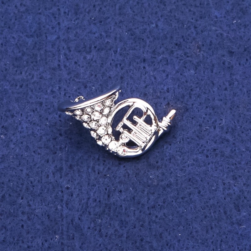 French Horn Brooch with Rhinestones, Silver Metal 16x27mm