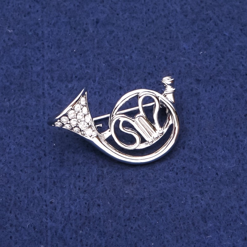 French Horn Brooch with Rhinestones, Silver Metal 25x35mm