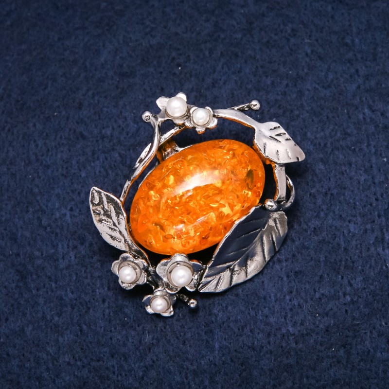 Amber Brooch (Faux) 47x38mm, Yellow, Silver-Tone Metal